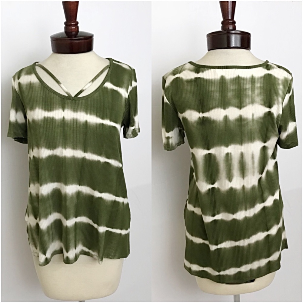 Olive Tie Dye Ribbed Strappy Tee Top SML - Picture 4 of 6